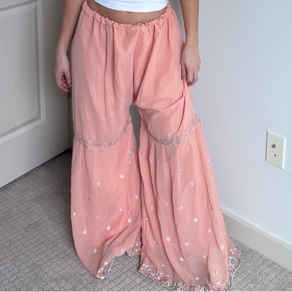 Vintage Handmade Floral and Rhinestone Detail Silk Wide Festival Leg Pants‎
